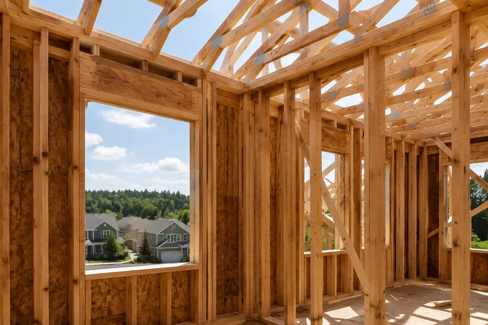 Illustrative timber framing at a residential construction site