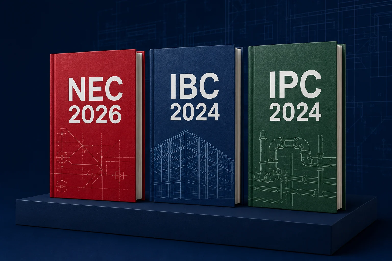 Illustrative NEC, IBC, and IPC reference books on a navy platform